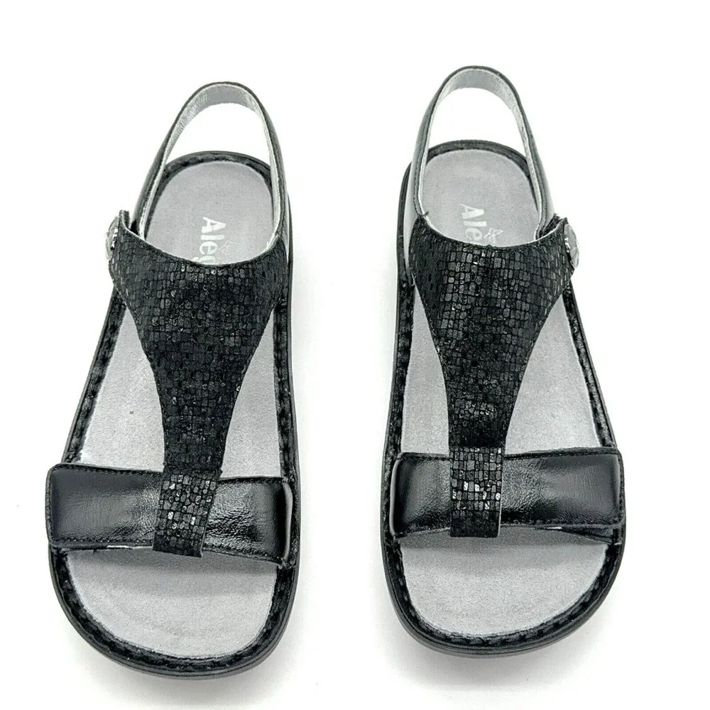 Alegria Sandals Kendra Leather T Strap Wedge Tile Me More Black Rocker US 9 EU39 - Picture 2 of 10